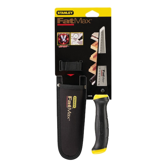 STANLEY 2-20-556 FatMax saw with black and yellow handle in packaging, includes black sheath, front angle.