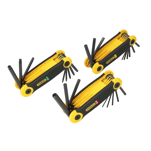 STANLEY 2-69-268 folding hex key set, black and yellow, photography of three sets on white background.