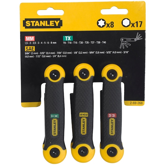 Stanley 2-69-268 folding hex key sets, three black and yellow tool handles on white background, photography.