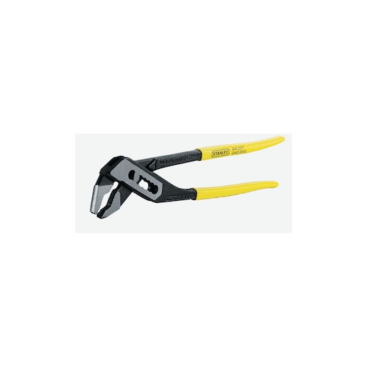STANLEY 2-84-017 water pump pliers with yellow handles, side angle, hand tool photography.