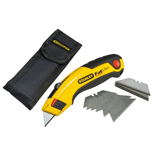 STANLEY 2-98-458 utility knife with yellow and black handle, extra blades, and black pouch, front angle.