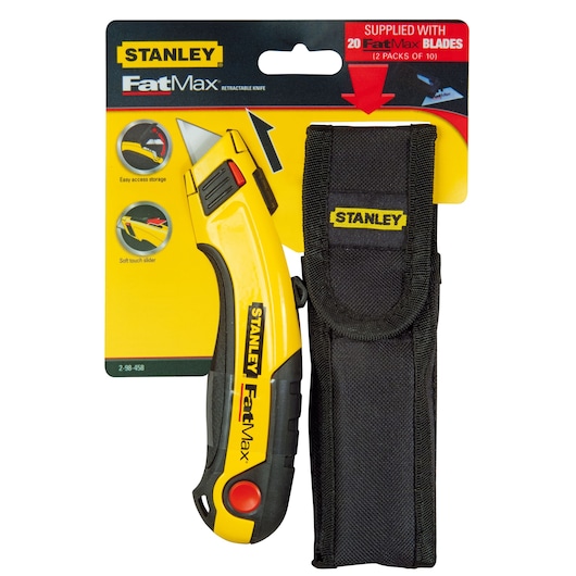 STANLEY 2-98-458 FatMax retractable knife with yellow and black handle and black holster, front view.