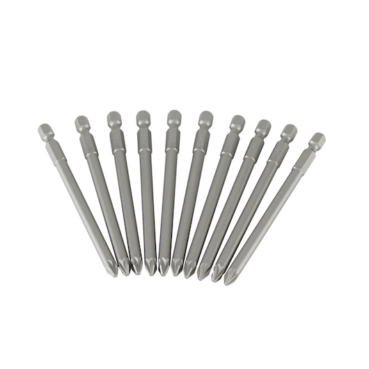 STANLEY 3-68-807 ten-piece Phillips screwdriver bit set, silver, flat lay on white background.