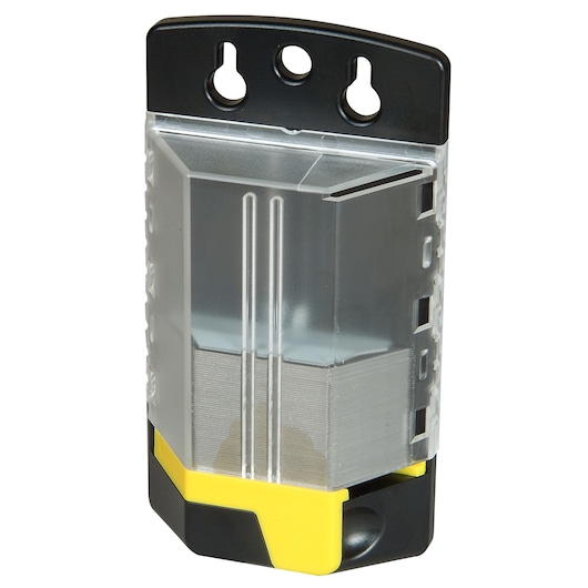 STANLEY 4-11-700 utility blade dispenser with transparent plastic case, black and yellow accents, front angle.