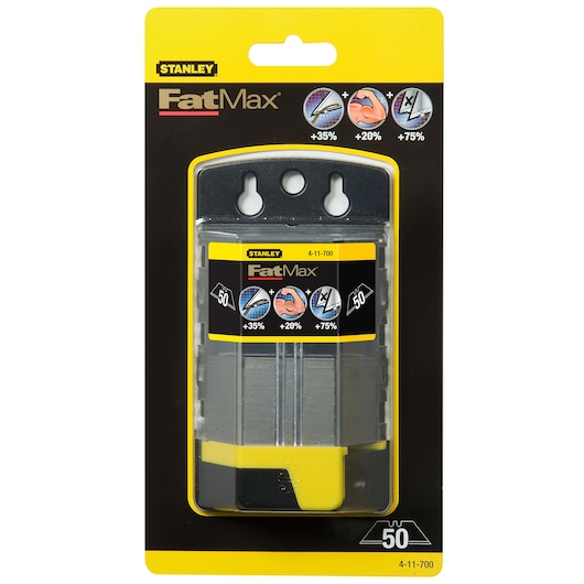 STANLEY 4-11-700 FatMax utility blade pack, 50 blades, front angle, in retail packaging.