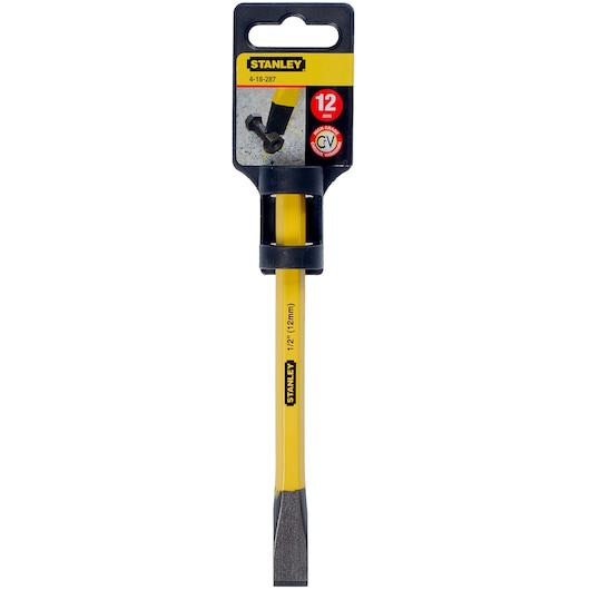 STANLEY 4-18-287 chisel, yellow steel handle, 12mm width, front view, product photography.