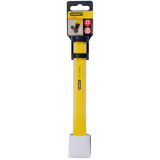 Photo of STANLEY 4-18-290 masonry chisel, yellow handle, 22mm blade, front view on white background.