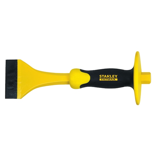 STANLEY 4-18-331 FATMAX bolster chisel with yellow and black handle, shown side view on white background.