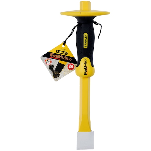 Photo of STANLEY 4-18-332 cold chisel with FatMax label, black and yellow handle, front view, white background.