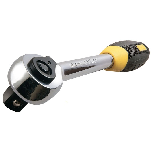 Stanley ratchet wrench with a chrome finish and ergonomic black and yellow handle, shown close up on white background.