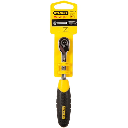 STANLEY 4-85-576 MicroTough ratchet wrench with black and yellow handle, front view on white background.