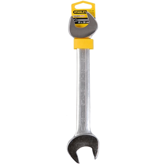 STANLEY 4-87-106 double open end wrench, silver steel, 25x28mm, front view on white background.
