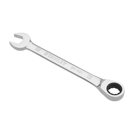 Stanley combination spanner with open and ring ends, model 4-89-941, size 16mm, metal tool on white background.
