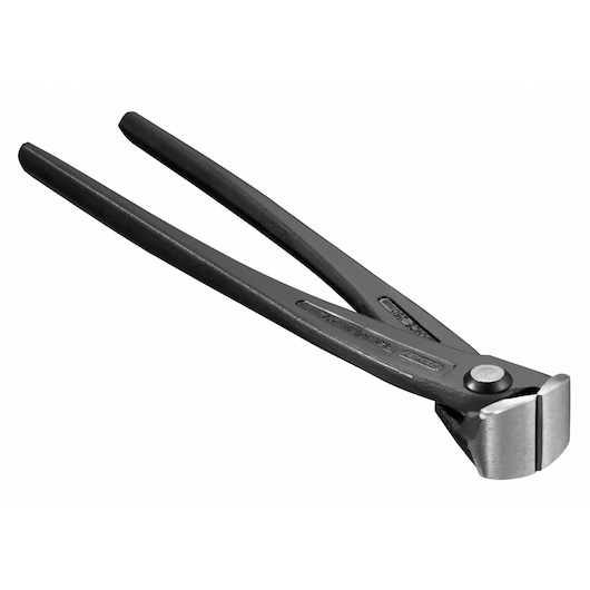 STANLEY 4-95-098 black steel end cutting pliers, side angle, on white background.