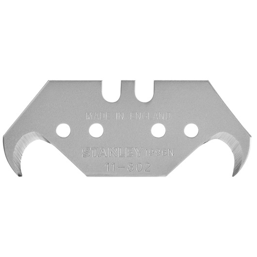 STANLEY 6-11-802 hooked utility knife blade, silver metal, photographed front on white background.