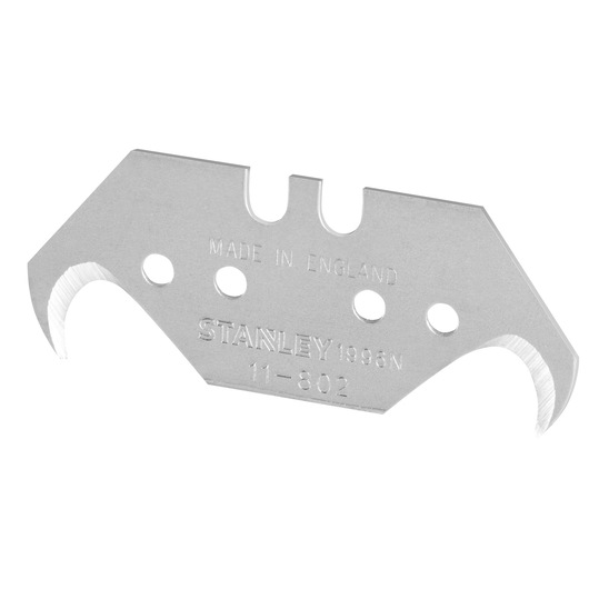 STANLEY 6-11-802 replacement hook utility blade, silver metal, frontal angle on white background.