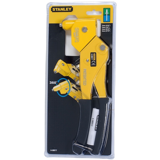 Photo of STANLEY 6-MR77 rivet tool in retail packaging, yellow and black, front angle.
