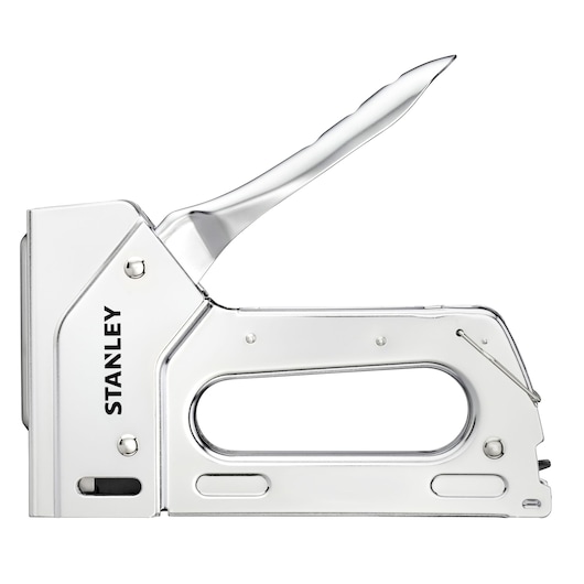 STANLEY 6-TR110 heavy-duty staple gun, silver metal, side view, white background.