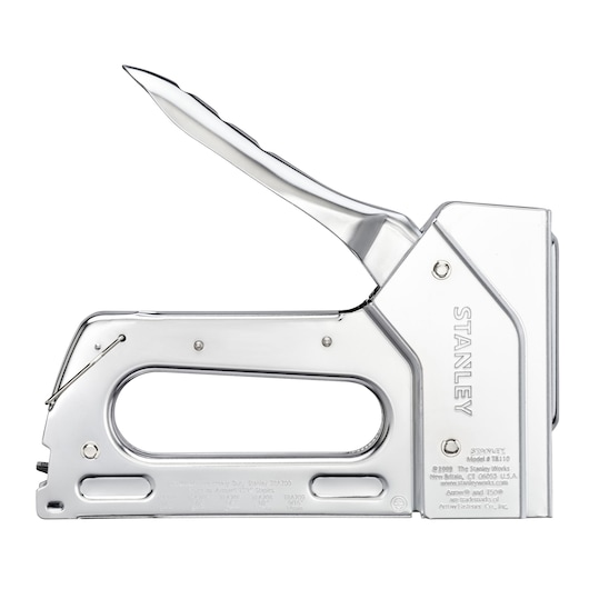 STANLEY 6-TR110 heavy-duty stapler side view, chrome finish, large handle, metal construction, on white background.