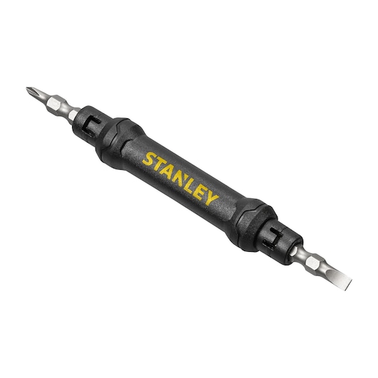 Photo of STANLEY 66-344M double-ended screwdriver on white background, black handle with yellow logo.