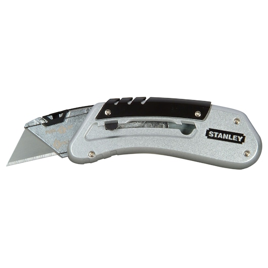 Stanley folding utility knife with silver and black handle, showing exposed blade on a white background.