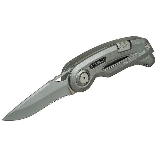 Photo of STANLEY 9-10-813 folding utility knife with gray handle and partially serrated blade, product side view.