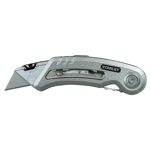 STANLEY 9-10-813 folding utility knife, silver metal, left side view, straight blade extended.