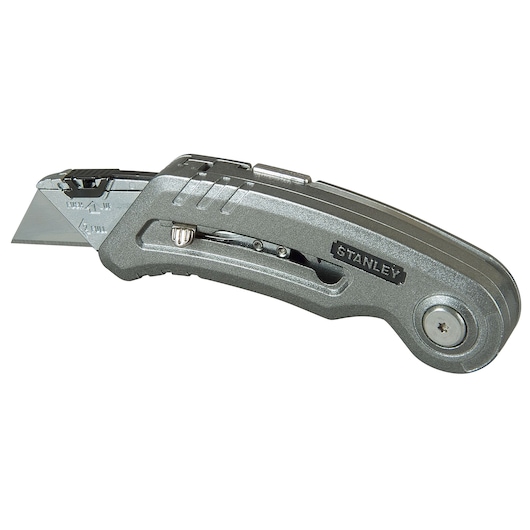 STANLEY 9-10-813 folding utility knife silver, side view on white background, compact metal body with exposed blade.