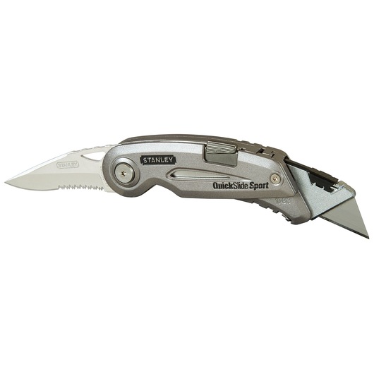 STANLEY 9-10-813 QuickSlide Sport utility knife with serrated blade, left side view, silver finish.