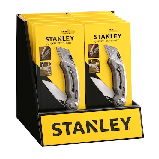 Stanley 9-10-813 Quickslide Sport knife display, yellow packaging, front angle, product photography.