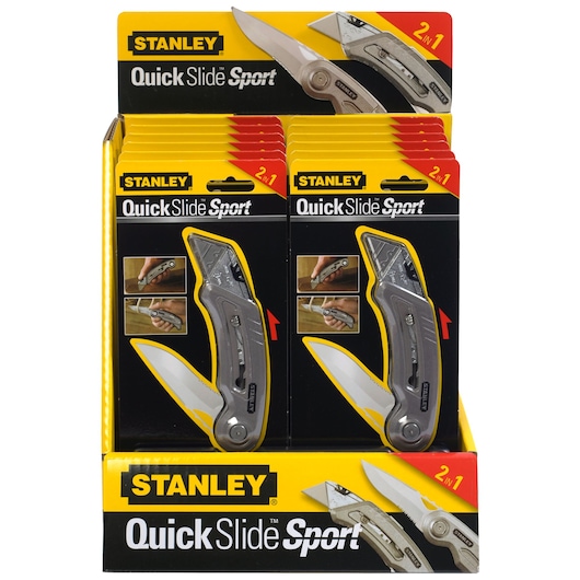 Stanley 9-10-813 Quick Slide Sport knife display, silver multi-function knives in retail packaging, front angle.
