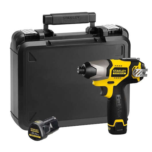 STANLEY FMC040LB cordless impact driver with black carrying case and extra battery, front angle.