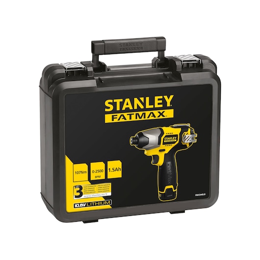 STANLEY FMC040LB impact driver case, black hard plastic with yellow branding, front angle on white background.