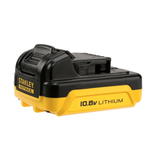 Photo of STANLEY FMC041S2 10.8V lithium battery, black and yellow, close-up angle, product photography.