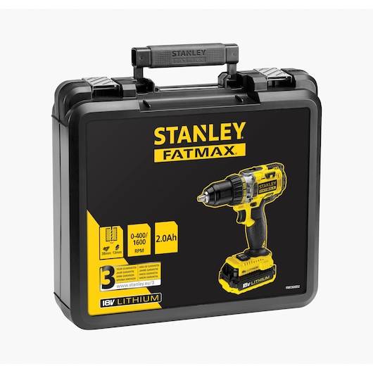 STANLEY FMC600D2 Fatmax drill case, black and yellow, front angle, 18V Lithium, photography.