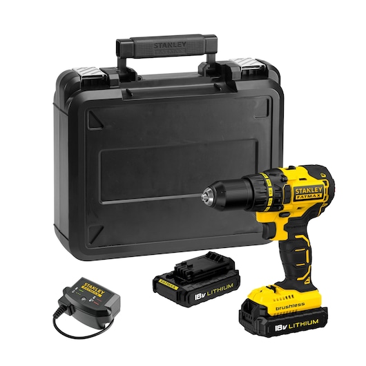 STANLEY FMC608C2K cordless drill set with yellow and black drill, two 18V lithium batteries, charger, and hard case, front angle.