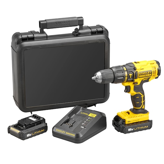 STANLEY FMC626C2K cordless drill set with case, charger, and two 18V lithium batteries, front angle.
