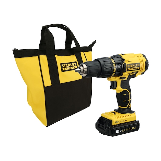 STANLEY FMC626C2S yellow-black cordless drill with 18V lithium battery and yellow-black tool bag, front angle.