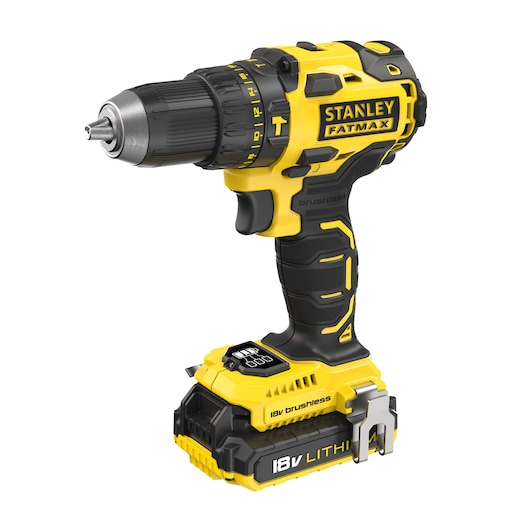 Photo of STANLEY FMC627D2 cordless 18V brushless drill, yellow and black, front left angle, power tool category.