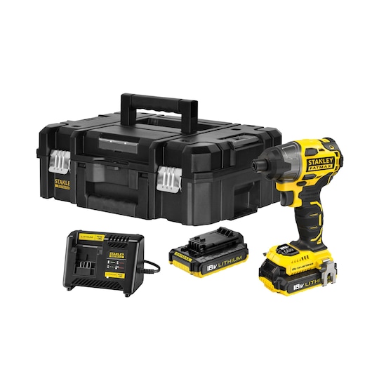 STANLEY FMC647D2T cordless impact driver kit, includes tool, two 18V lithium batteries, charger, and black case, front angle.