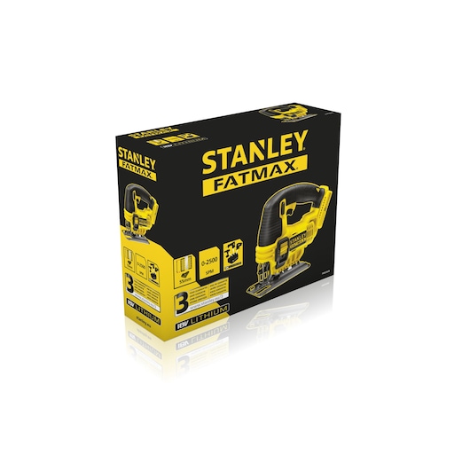 Photo of STANLEY FMC650B Fatmax jigsaw box, yellow and black packaging, front left angle.