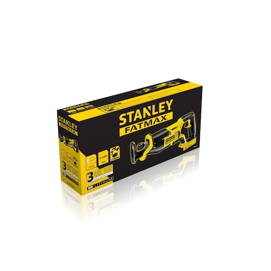 Photo of STANLEY FMC675B reciprocating saw box, yellow and black packaging, product category photography, angled view.