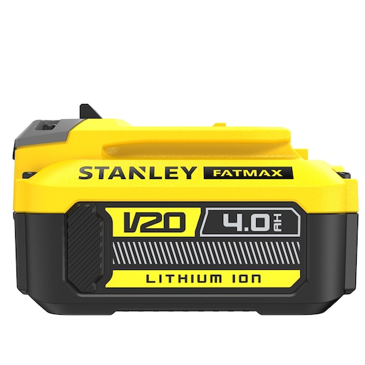 STANLEY FMC688L V20 4.0Ah lithium ion battery, yellow and black, front angle on white background.