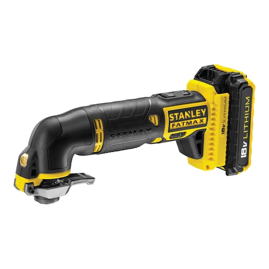 STANLEY FMC710D2 cordless multi tool with black and yellow body, side view, 18V lithium battery.