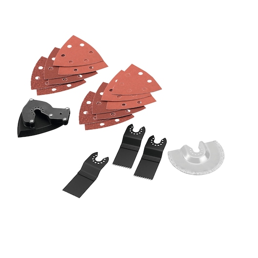 STANLEY FMC710D2 accessory set with sanding pads and blades, top view on white background.
