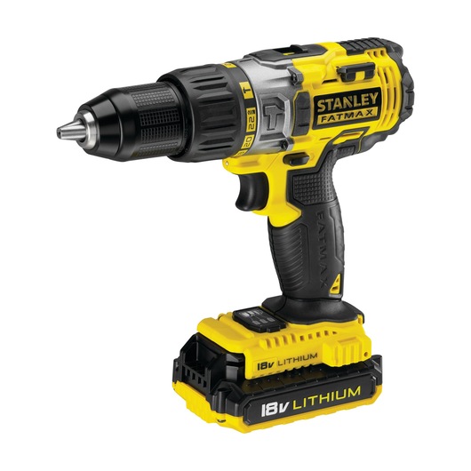 Photo of STANLEY FMCK461D2T cordless drill, yellow and black, 18V Lithium, side angle on white background.