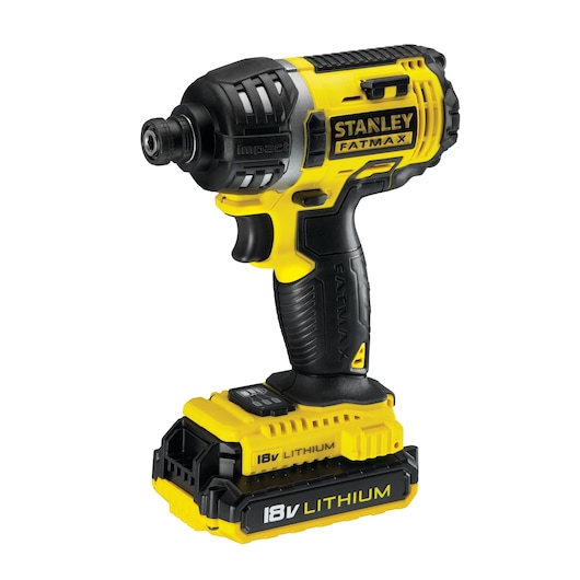 Photo of STANLEY FMCK461D2T cordless impact driver, yellow and black, 18V lithium battery, side angle.