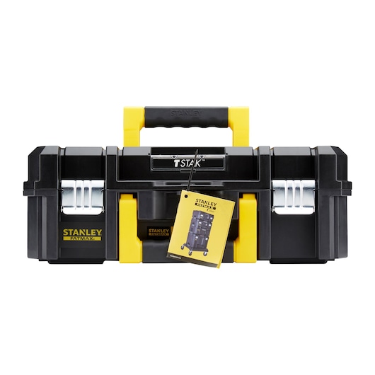 STANLEY FMCK461D2T black and yellow tool box front angle, metal latches, T-STAK branding, product tag attached.