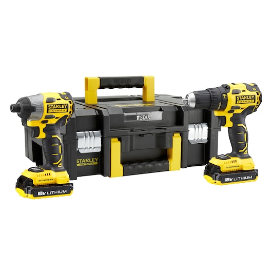 STANLEY FMCK463D2T power tool set with yellow and black cordless drill, impact driver, and TSTAK toolbox, front angle.