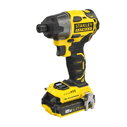 STANLEY FMCK463D2T cordless impact driver, yellow and black, side angle, 18V lithium brushless design.